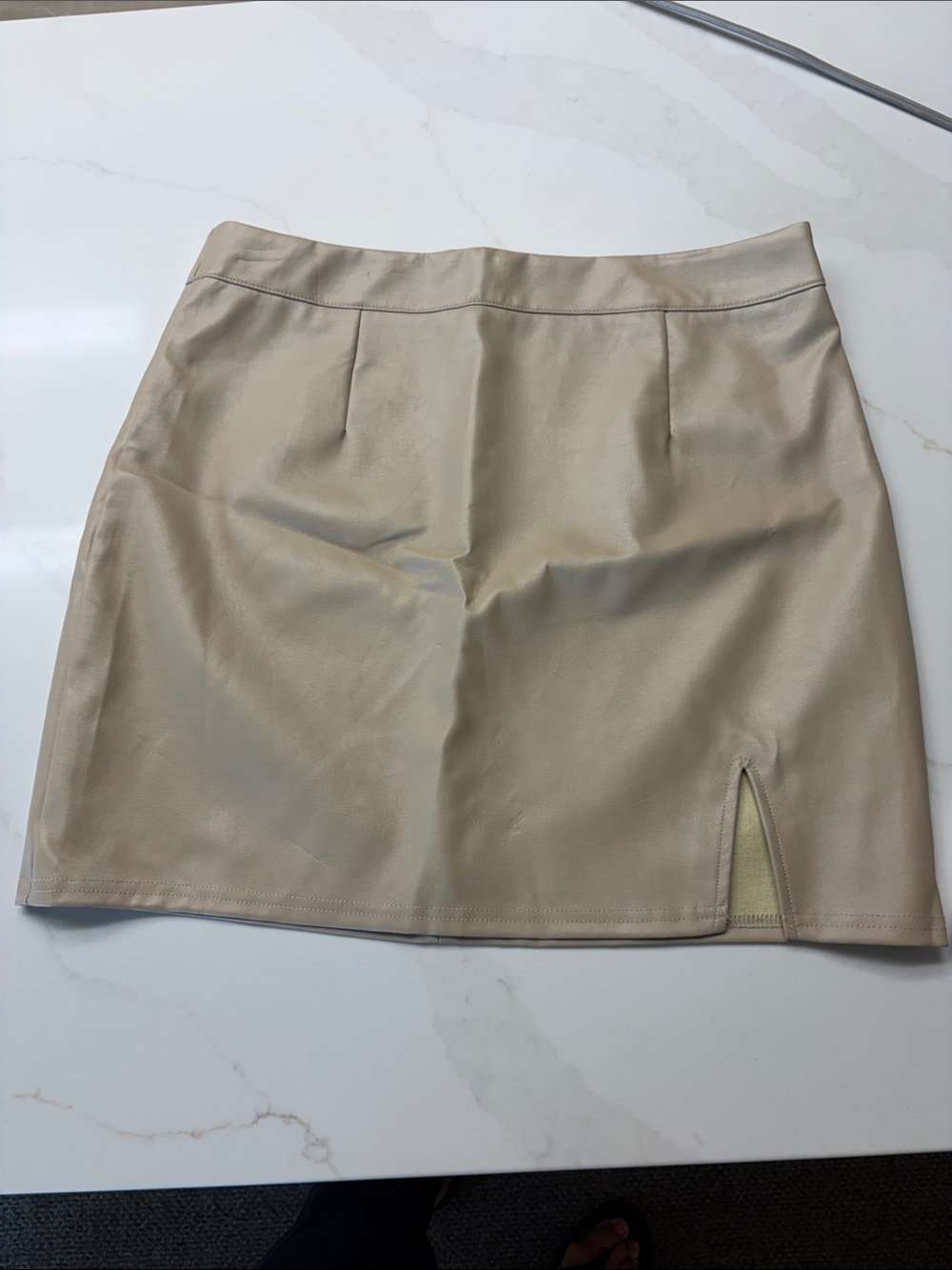 Lulu’s Beige Faux Leather Mini Skirt with Front Slit